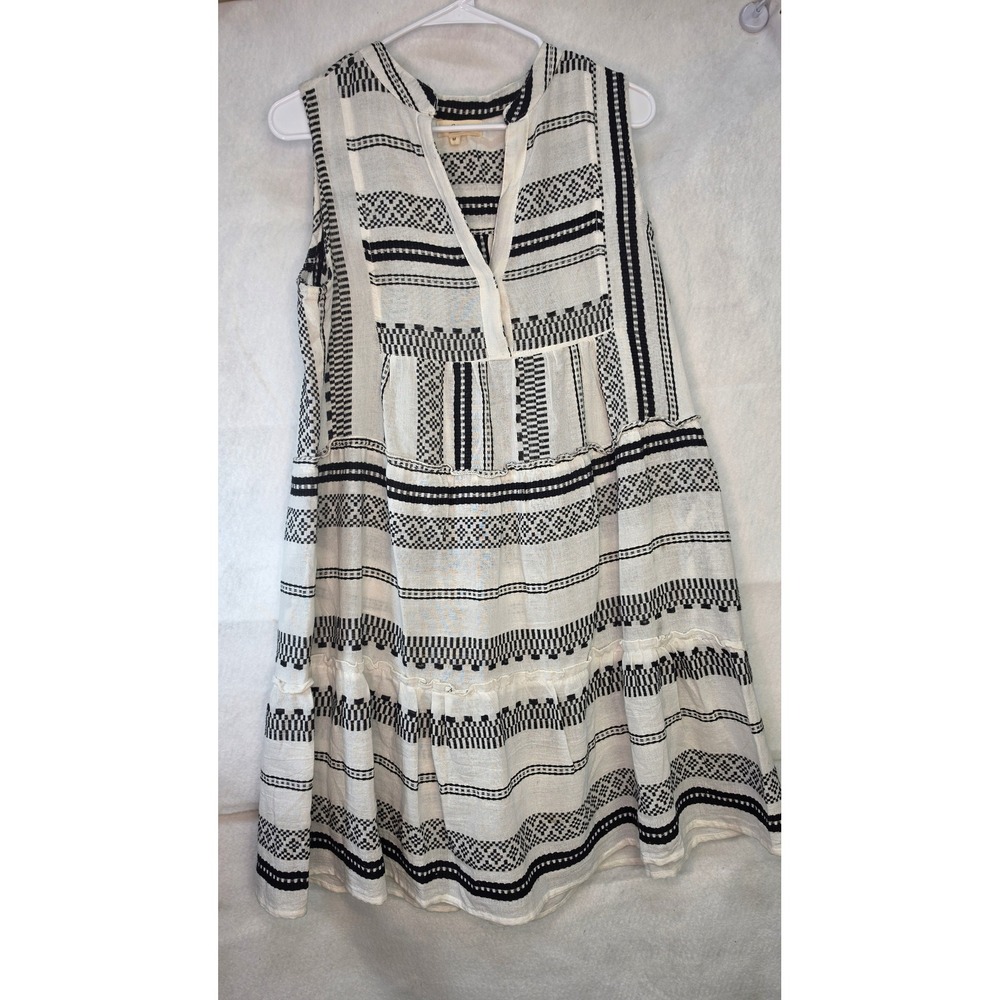 Elan Women Black White Tribal Geometric Print Tiered Sleeveless Mini Dress M